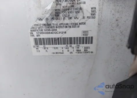 2013 Ford Explorer z USA, uszkodzony, nr VIN 1FM5K8B84DGC31218